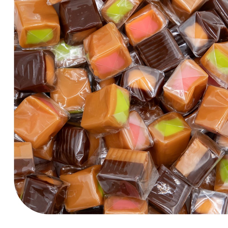 CRAZYOUTLET Caramel Cubes Candy Mix - 2 Pound Pack 150 Count - Filled Creamy Caramels Individually Wrapped - Vanilla, Chocolate, Apple, Strawberry - Assorted Chews - Image 1